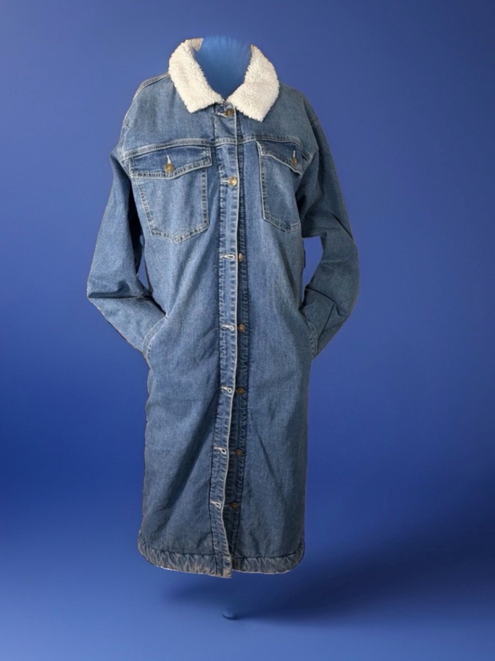 Lana Collection by Yossi Long Denim Sherpa Collar Coat - Blue large pockets